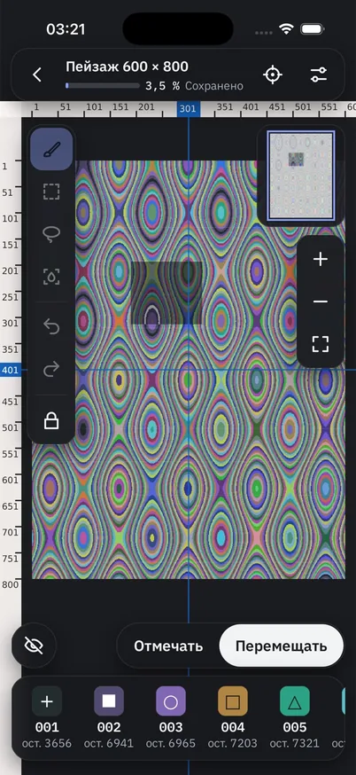 Chart screen on iPhone: a 600 × 800 test chart with rulers, minimap, tools and a thread strip with remaining stitch counts
